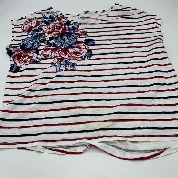 Talbots Top Blouse Shirt Womens Size 2X White Floral Striped Cotton Round Neck - Picture 1 of 3
